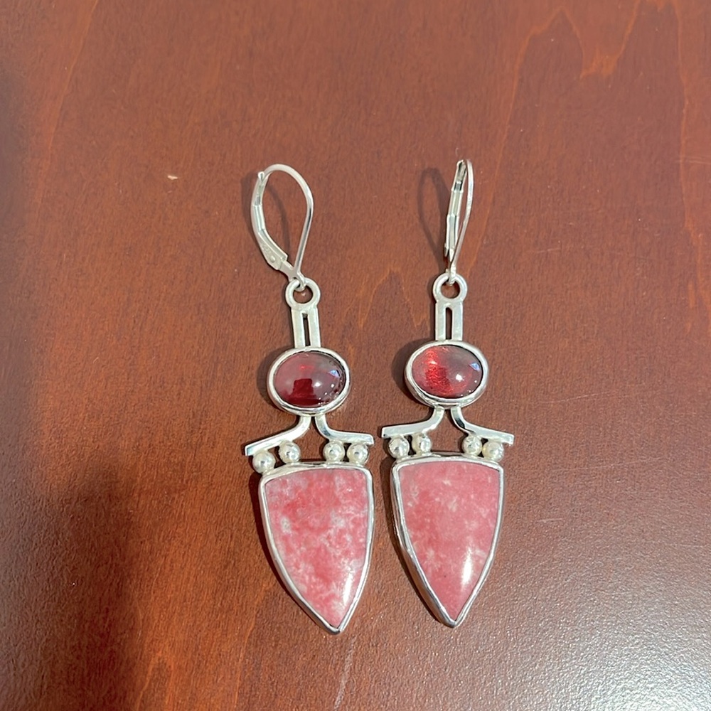 Artisan Sterling Silver, Garnet, & Thulite Lever Back Earrings